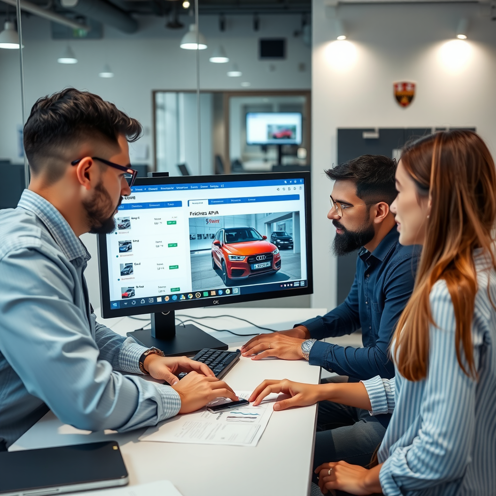Equipo de IlliquidSVWQ trabajando en oficinas modernas en Rosario, Argentina, revisando listados de vehículos en pantallas de computadora, ambiente profesional y colaborativo