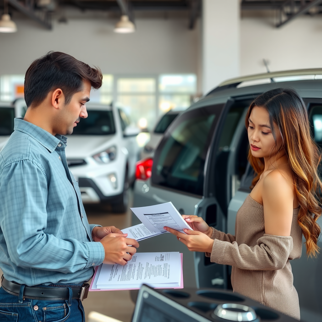 Primer comprador inspeccionando cuidadosamente un automóvil usado certificado en un concesionario argentino, revisando documentación y realizando verificaciones de calidad
