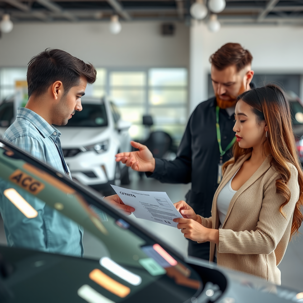 Comprador primerizo inspeccionando cuidadosamente un automóvil certificado usado en una concesionaria argentina, revisando documentación y realizando verificaciones de calidad