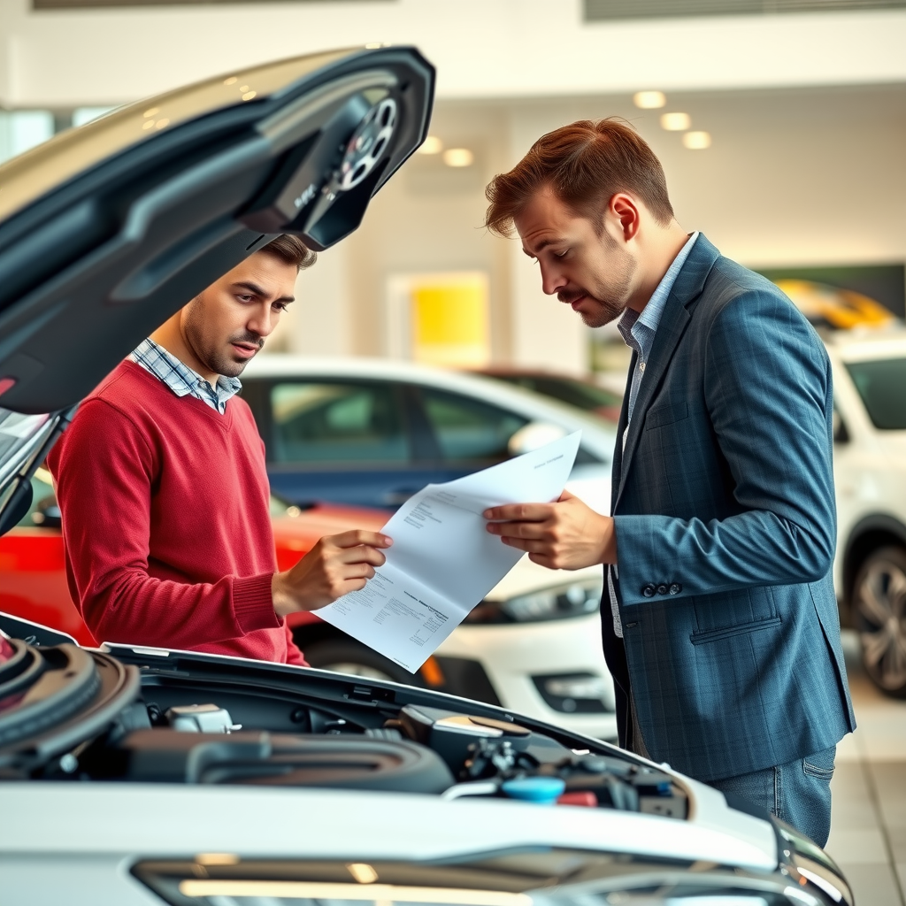 Comprador primerizo inspeccionando cuidadosamente un auto usado certificado en un concesionario argentino, revisando documentación y motor del vehículo, ambiente profesional con varios autos en showroom moderno iluminado