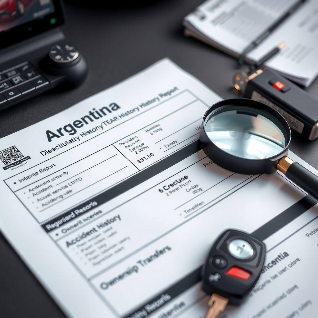 Documento detallado de informe de historial vehicular argentino mostrando registros de mantenimiento, verificación de odómetro, historial de accidentes y transferencias de propiedad sobre un escritorio con una lupa y llaves de auto