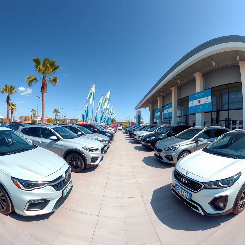 Vista panorámica de concesionario argentino mostrando una selección de vehículos usados certificados de alta calidad, incluyendo sedanes, SUVs y hatchbacks en excelente condición, con banderas argentinas y cielo azul de fondo