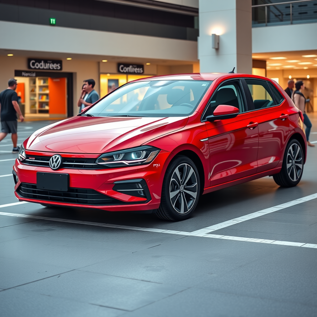 Volkswagen Polo rojo modelo 2018 en condición impecable, fotografiado en estacionamiento de shopping en Buenos Aires, mostrando diseño alemán refinado y calidad de construcción superior