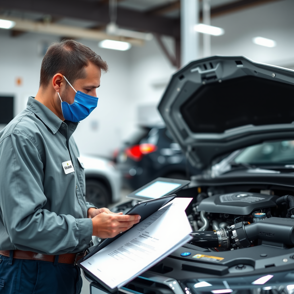 Inspector profesional de IlliquidSVWQ realizando verificación detallada de un vehículo seminuevo, revisando motor y documentación con tablet, ambiente de taller profesional