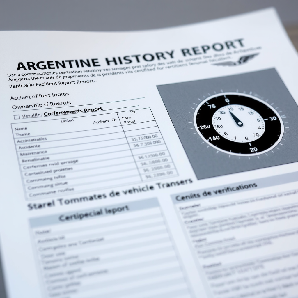 Documento detallado de informe de historial vehicular argentino mostrando registros de accidentes, mantenimiento, transferencias de propiedad y verificación de odómetro para autos certificados