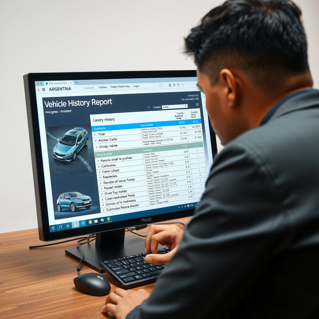 Persona revisando detalladamente un informe de historial vehicular en Argentina con registros de accidentes, mantenimiento, transferencias de propiedad y verificación de odómetro en pantalla de computadora