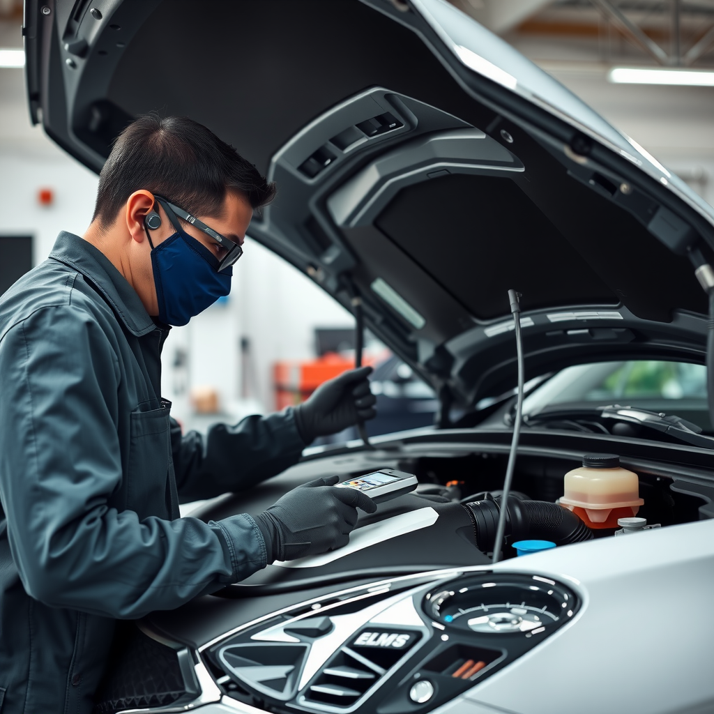 Mecánico profesional argentino inspeccionando detalladamente el motor de un auto usado con herramientas de diagnóstico modernas, capó abierto, ambiente de taller certificado con iluminación profesional, checklist de inspección visible