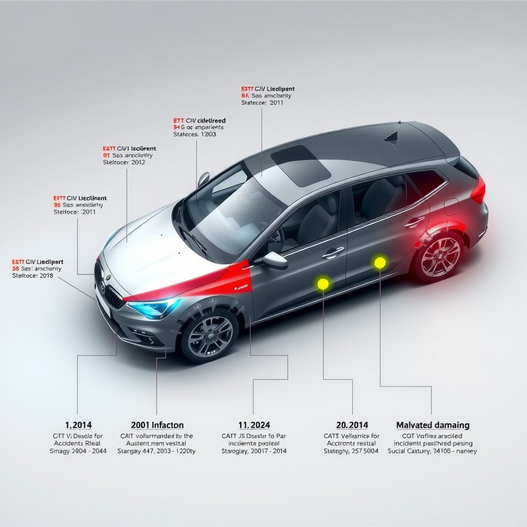 Diagrama visual de un vehículo mostrando puntos de impacto de accidentes anteriores con códigos de color indicando la gravedad del daño, junto con fechas y descripciones detalladas de cada incidente