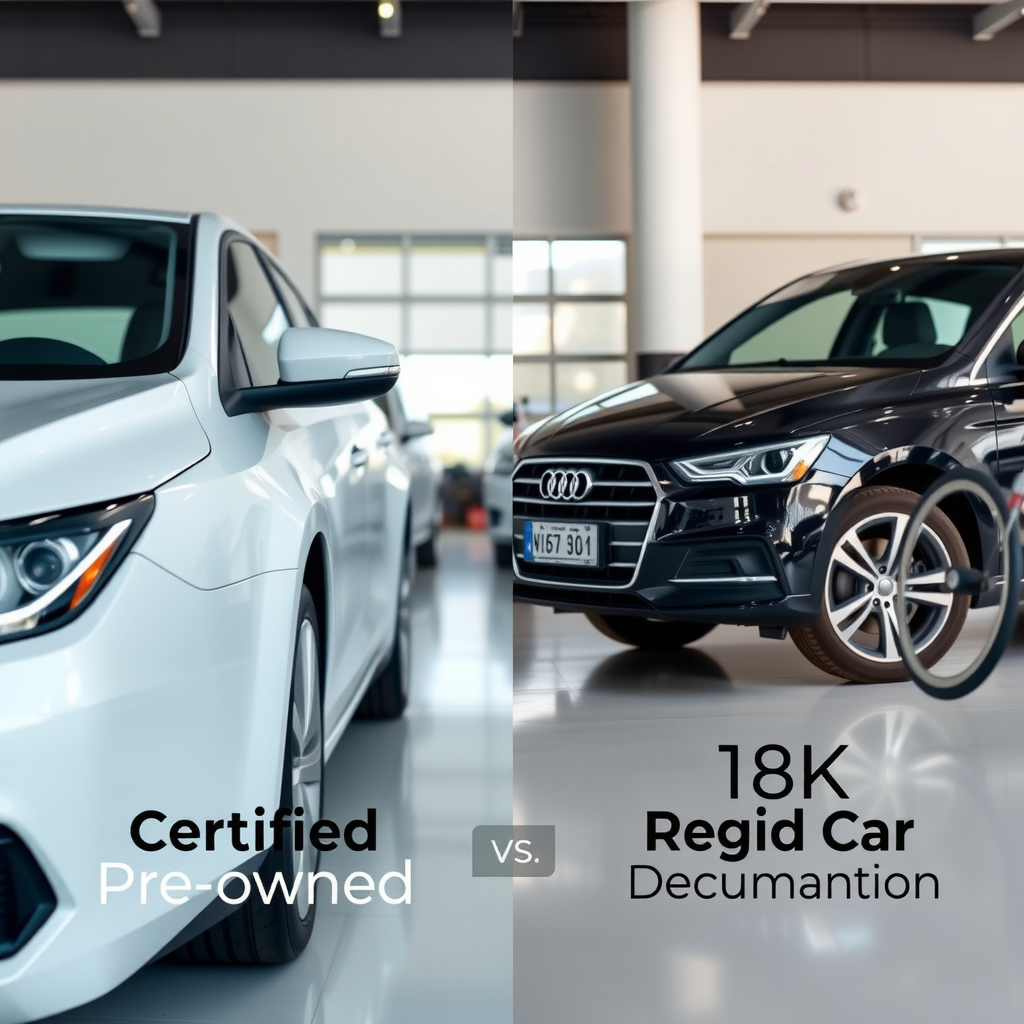 Comparación visual lado a lado entre un vehículo certificado usado con sello de calidad y garantía versus un auto usado regular en concesionaria argentina, mostrando diferencias en inspección y documentación