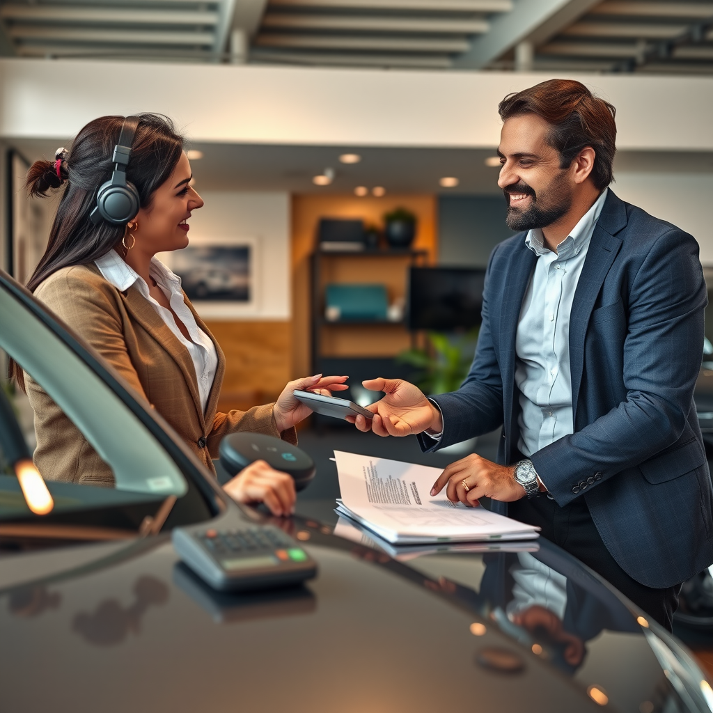 Comprador y vendedor negociando amigablemente el precio de un auto usado en oficina de concesionario argentino, documentos y calculadora sobre mesa, ambiente profesional y confiable, expresiones cordiales