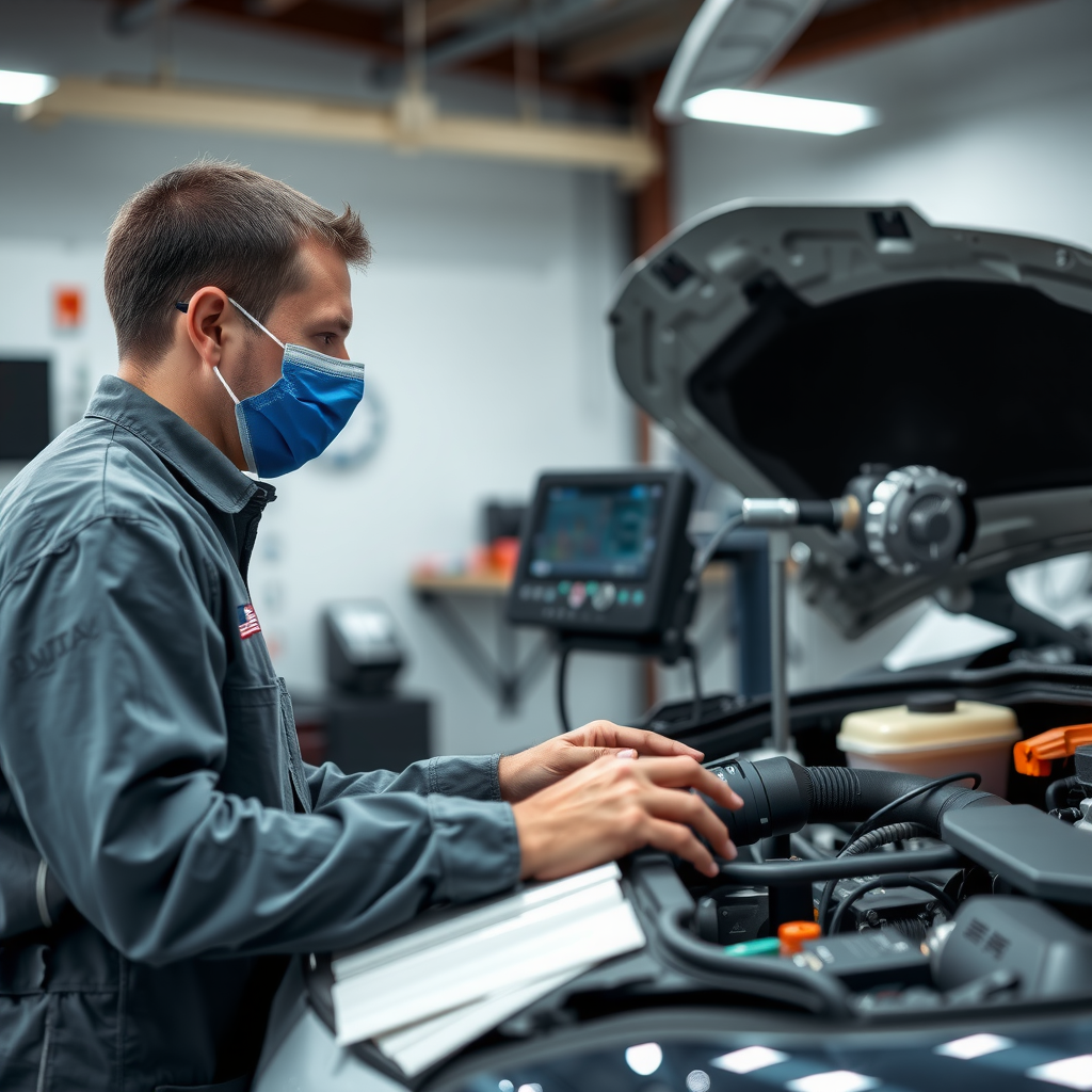Técnico certificado realizando inspección detallada de vehículo pre-owned en taller autorizado, verificando motor, transmisión y componentes críticos con equipo de diagnóstico profesional