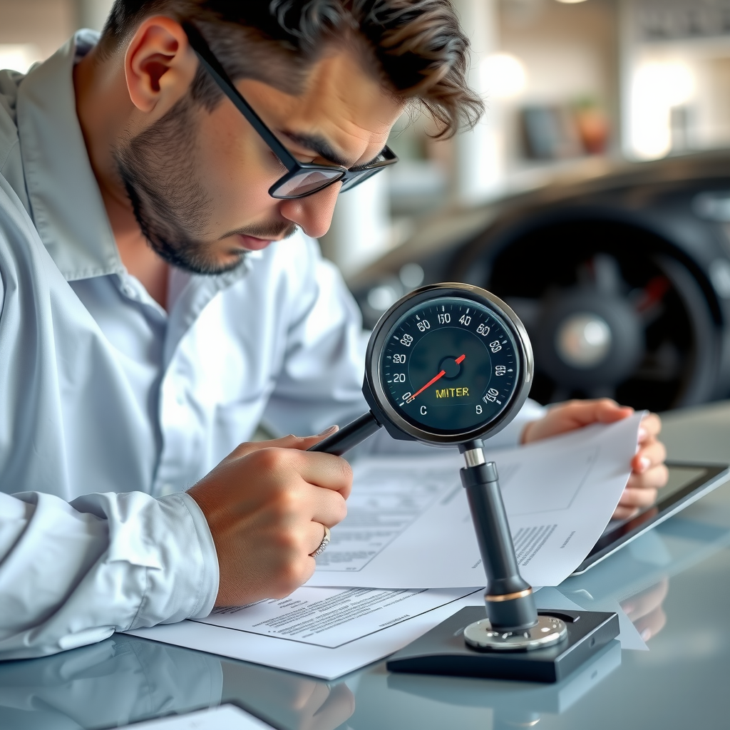Inspector profesional revisando cuidadosamente el odómetro y documentos de un auto usado con lupa, verificando autenticidad del kilometraje, papeles sobre escritorio, ambiente de oficina profesional con iluminación clara