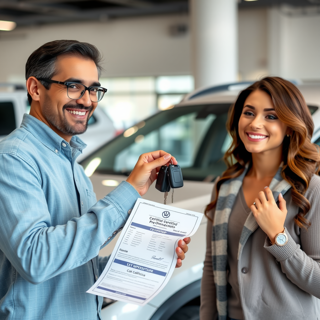 Cliente satisfecho recibiendo llaves de vehículo certificado pre-owned en concesionario argentino, con documentación de garantía y certificación visible, mostrando confianza y seguridad en la inversión