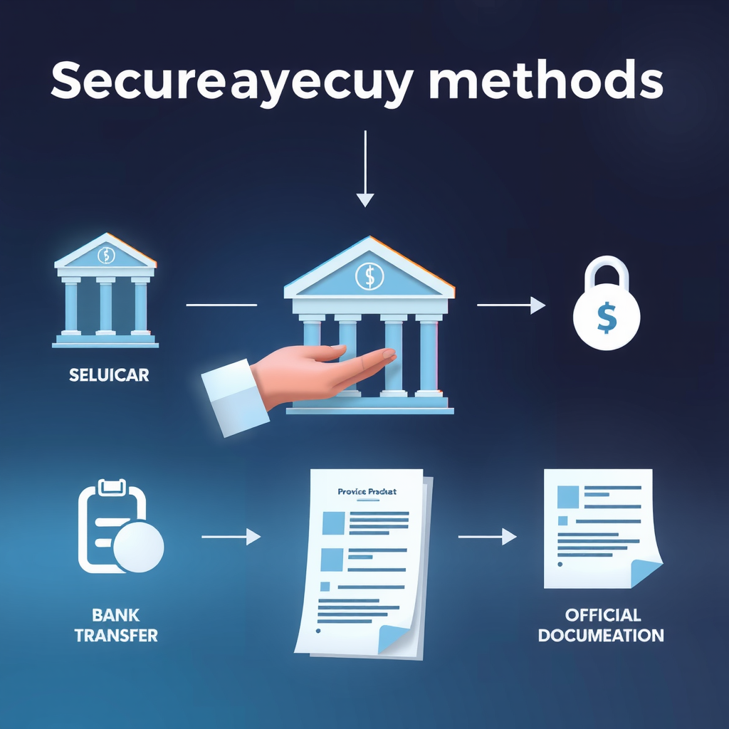 Ilustración de métodos de pago seguros mostrando transferencia bancaria servicio de depósito en garantía y proceso de documentación oficial
