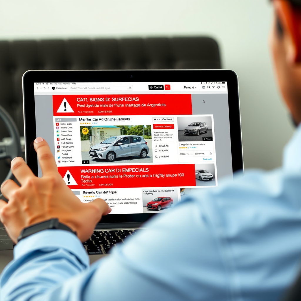 Persona usando laptop para revisar anuncios de autos en línea con señales de advertencia y banderas rojas destacadas, mostrando cómo identificar listados sospechosos y protegerse de estafas en plataformas digitales argentinas
