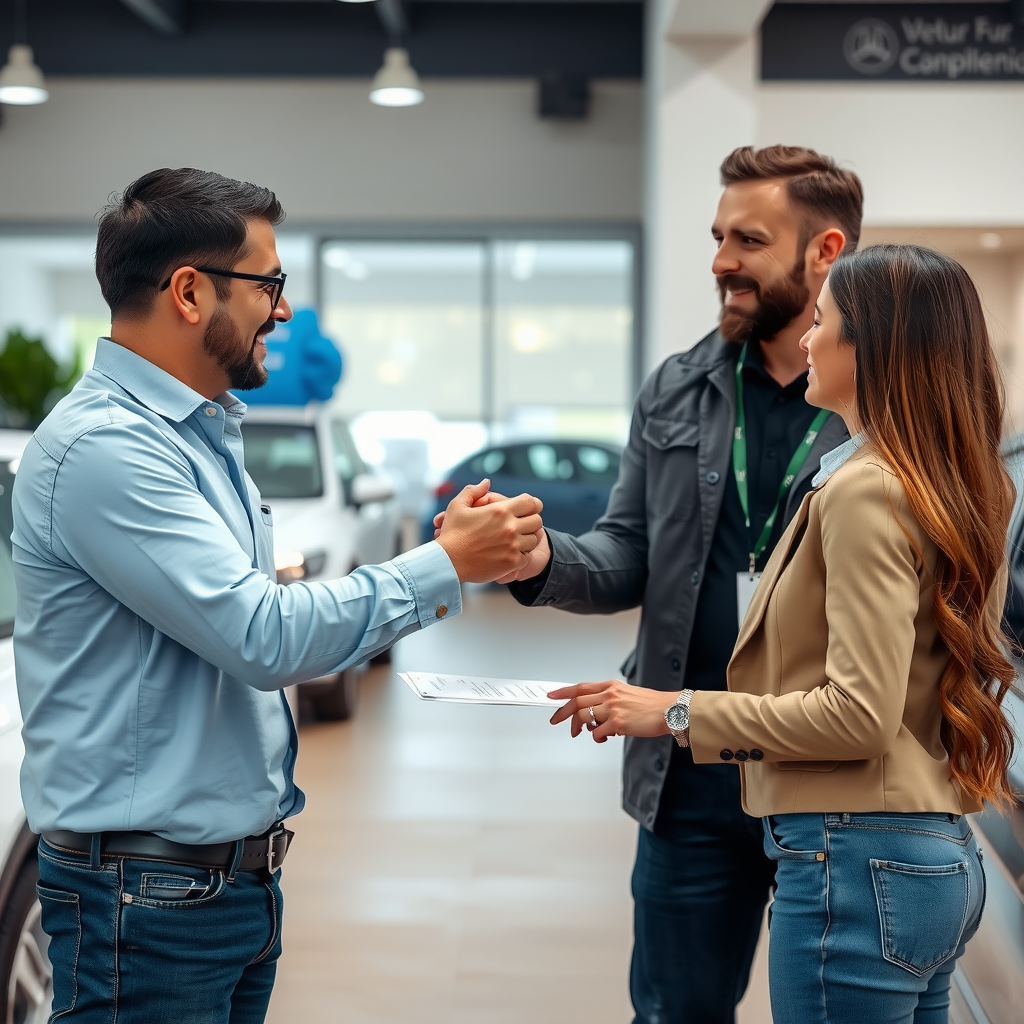 Comprador primerizo feliz recibiendo las llaves de su auto usado certificado, vendedor profesional entregando documentación completa, apretón de manos cordial, ambiente de showroom argentino moderno y confiable
