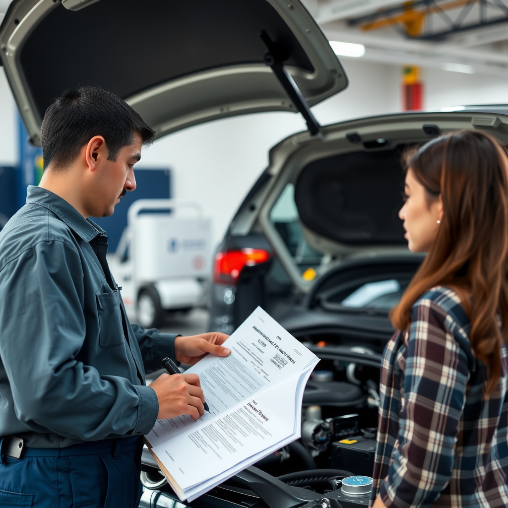 Mecánico profesional argentino realizando una inspección detallada de un vehículo usado, revisando el motor, chasis y documentación mientras el comprador observa atentamente en un taller certificado