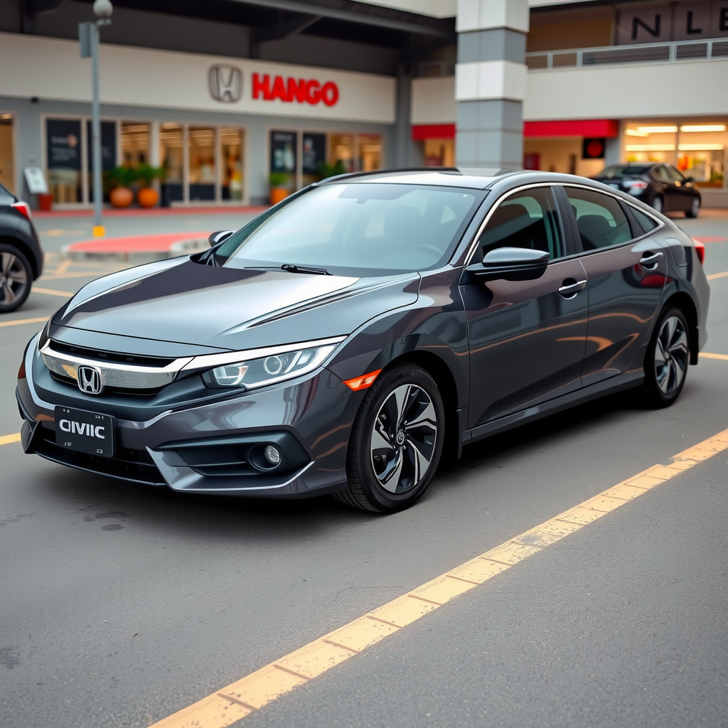 Honda Civic sedán gris oscuro modelo 2016 en excelente estado, fotografiado en estacionamiento de centro comercial en Buenos Aires, mostrando diseño deportivo y elegante del modelo