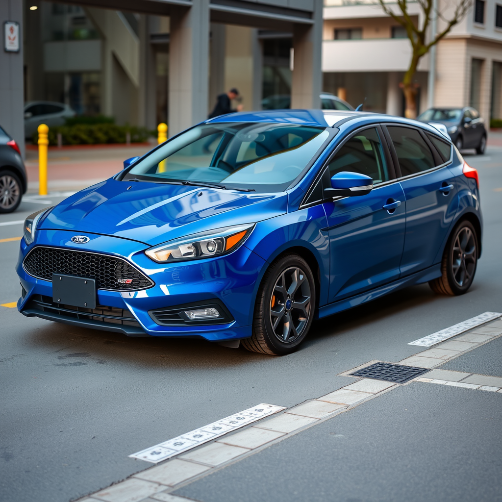 Ford Focus hatchback azul modelo 2017 en condición impecable, estacionado en zona urbana de Mendoza, mostrando diseño dinámico y deportivo característico de la tercera generación